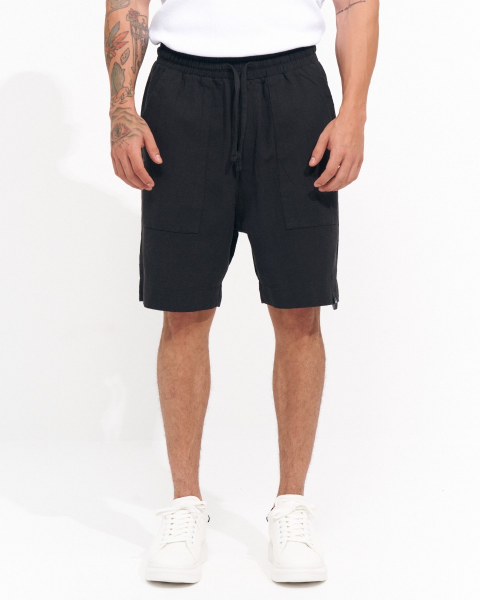 Men's Linen Black Shorts - White