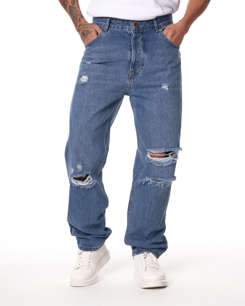Ripped Detail Baggy Hiphop Jeans in Blue - Denim Blue