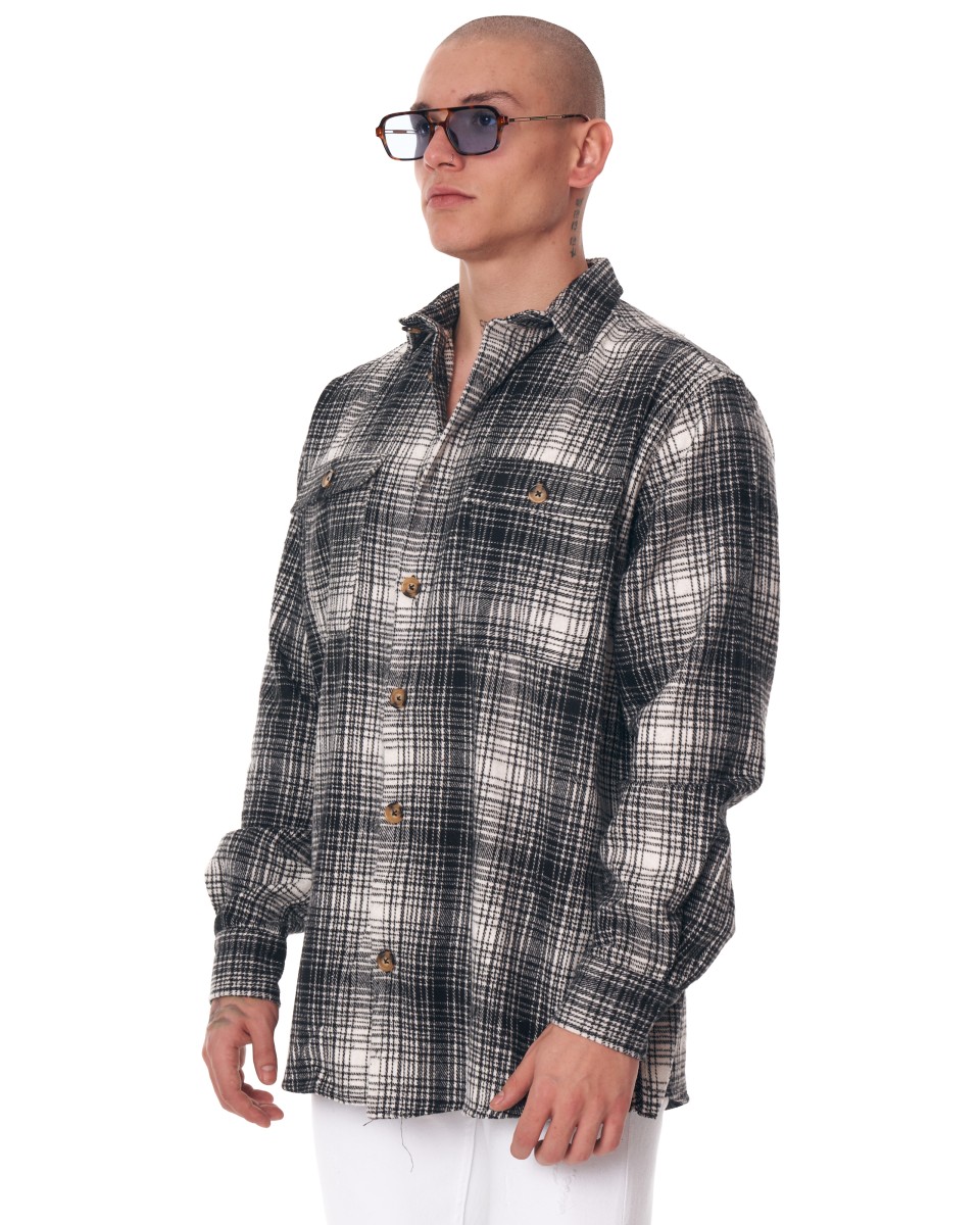 Men's Oversize Shirt Plaid Pattern White Striped Black - Black