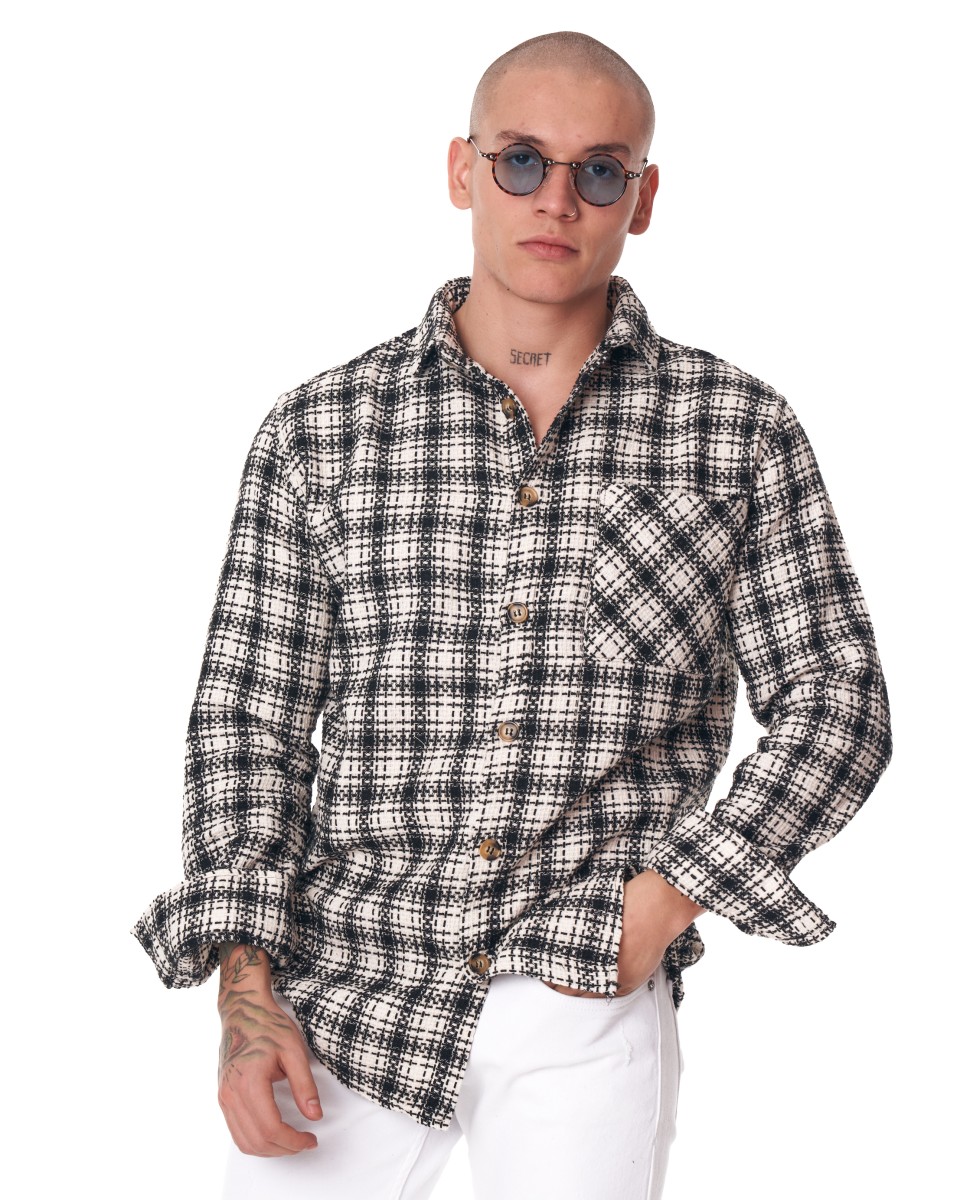 Men's Oversize Shirt Plaid Pattern Black-White - Black