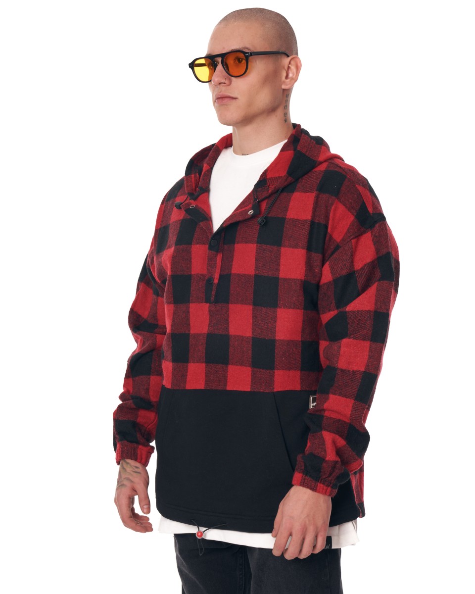 Sweat-shirt oversize à carreaux avec poche pour hommes - Noir et rouge - Rouge