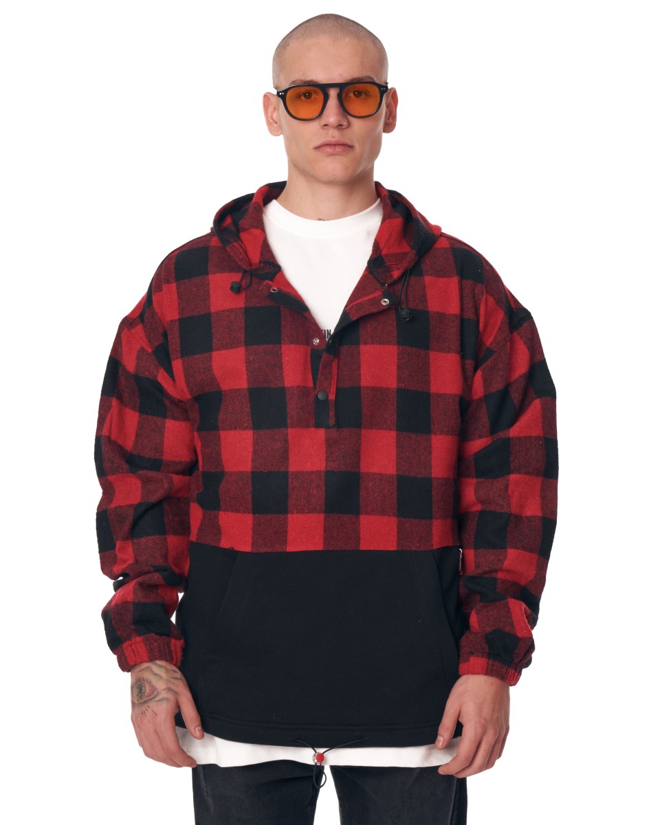 Men's Plaid Oversize Shirt With Pocket Detail In Black&Red
