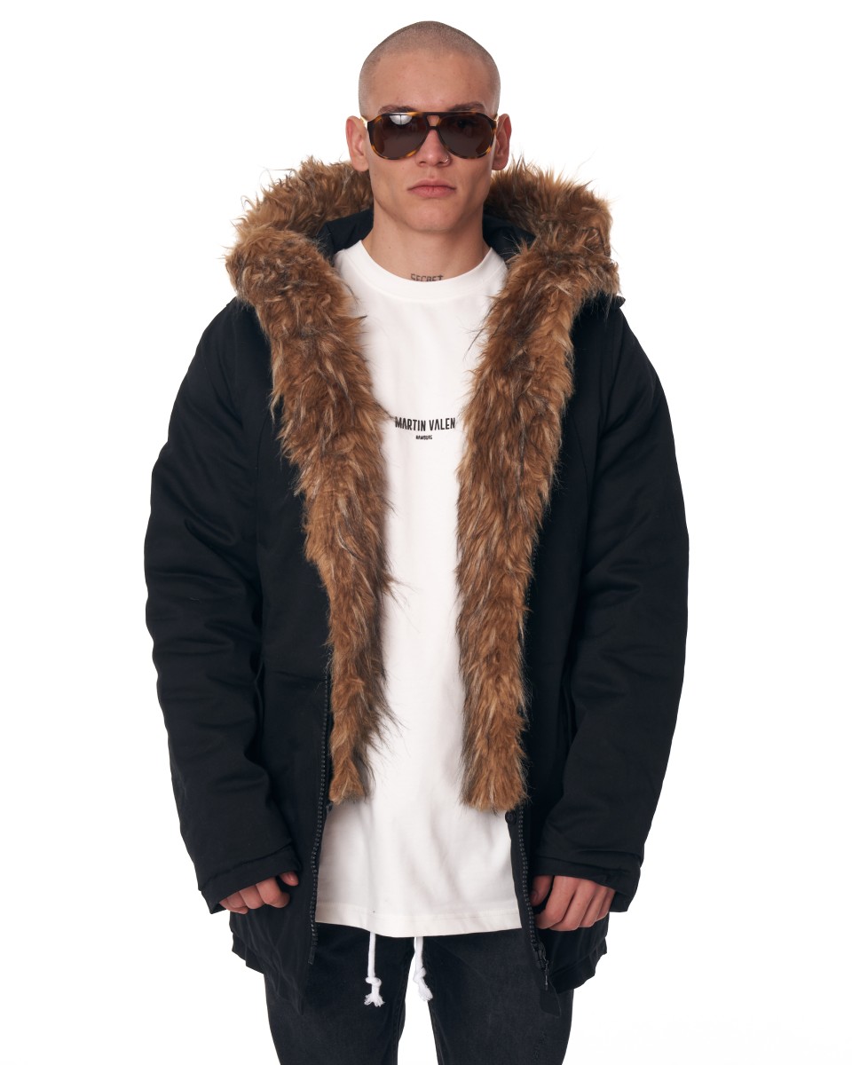 MV Parker-Style Jacket with Furry Trim in Black - Zwart