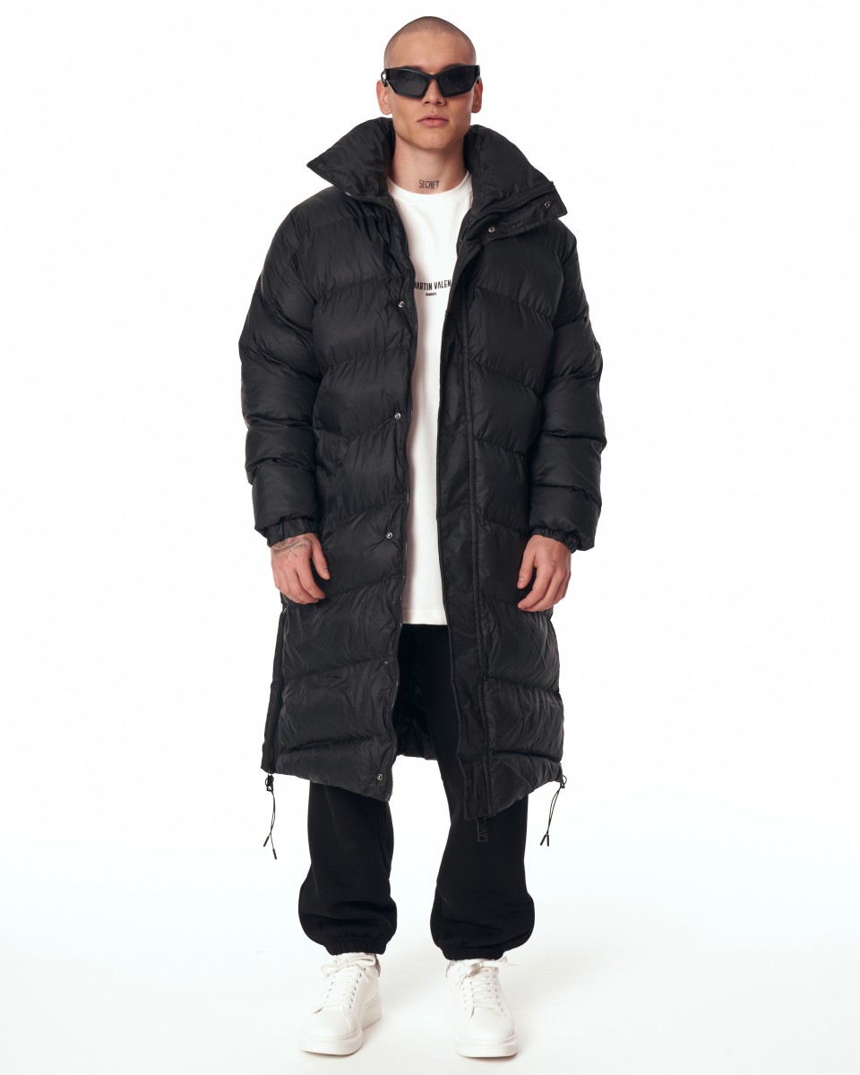 Oversized Long Black Puffer Coat with High Collar - Black