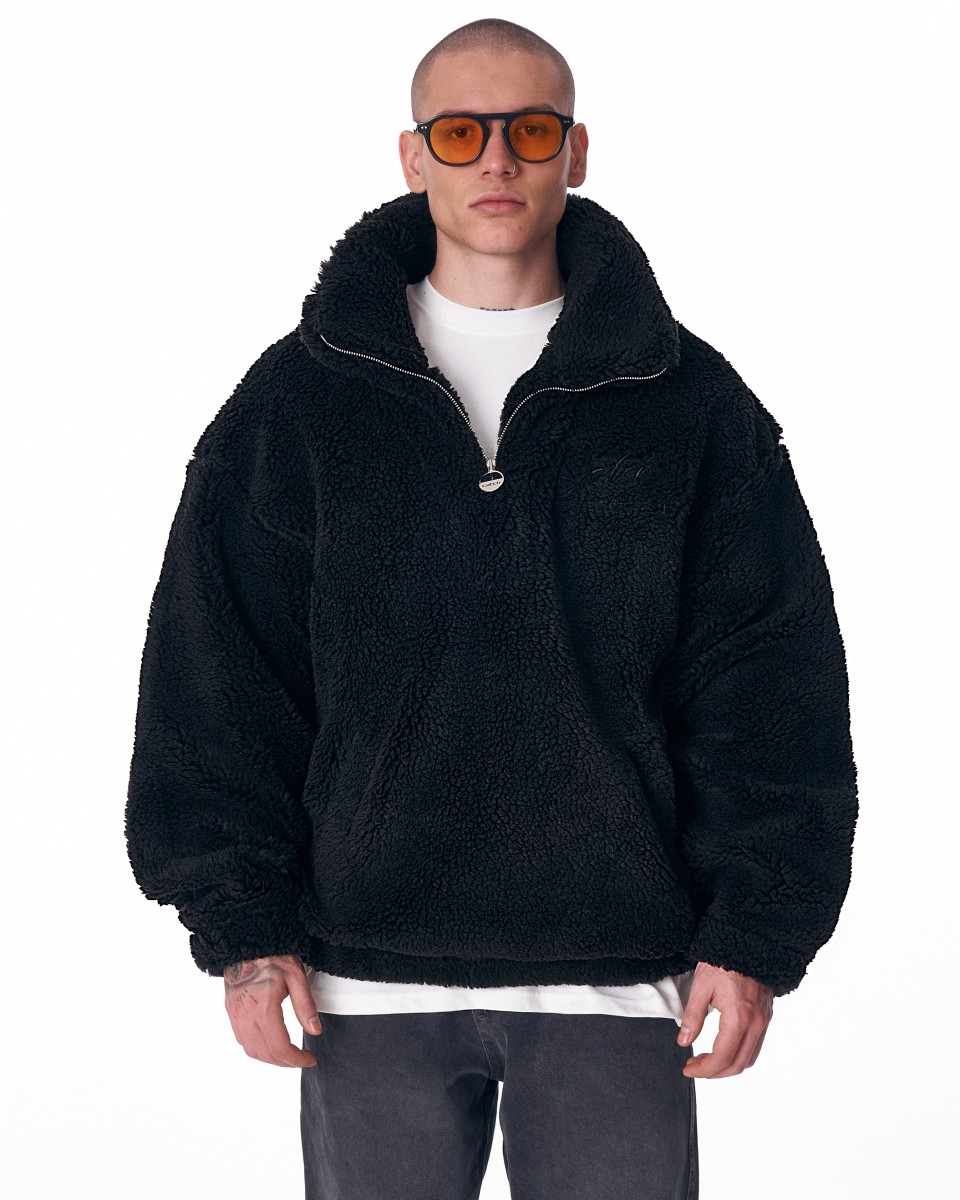 Men's Half Zip Borg Sweatshirt - Black
