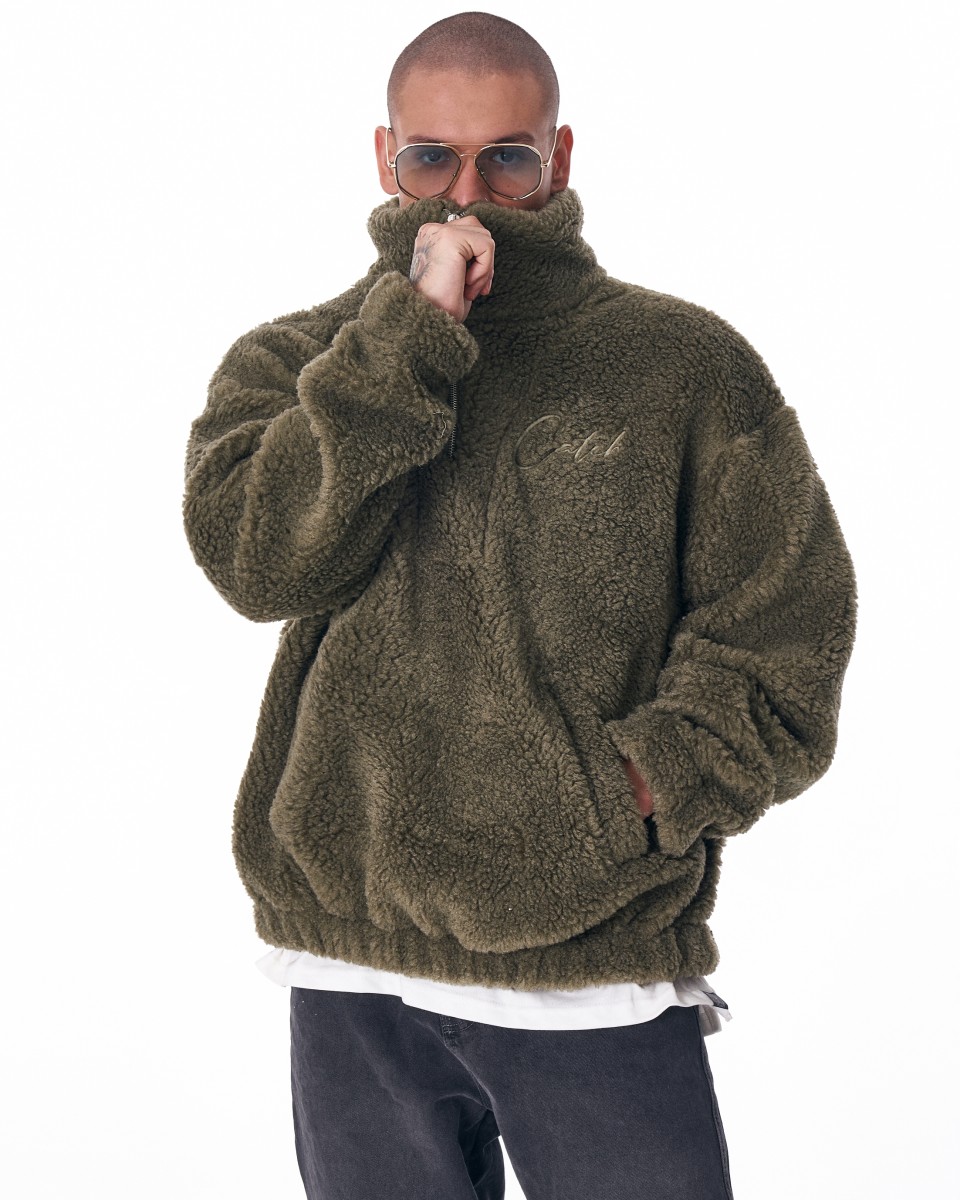 Borg-Sweatshirt Halbem Reißverschluss für Herren - Khaki