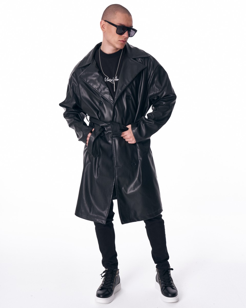 Men's Long Leather Trench Coat With Belt - Black