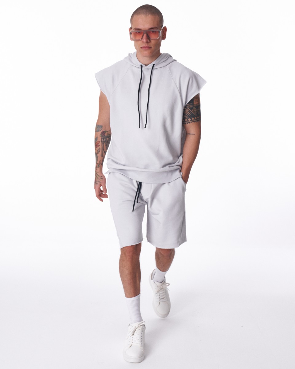 Ärmelloses Hoodie und Shorts Set für Männer in Weiß - Grau