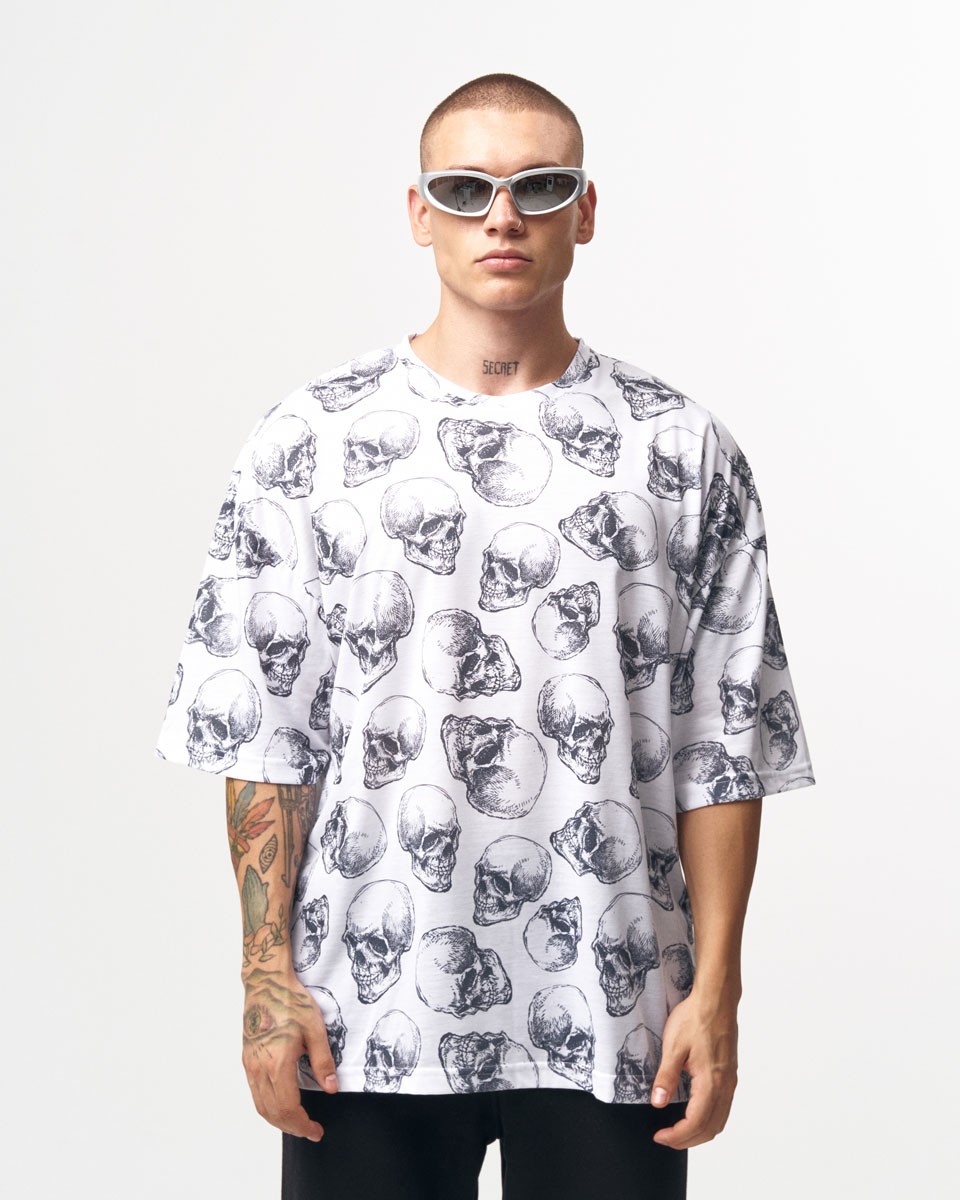 Men's Skull Pattern Oversize White T-shirt - Wit