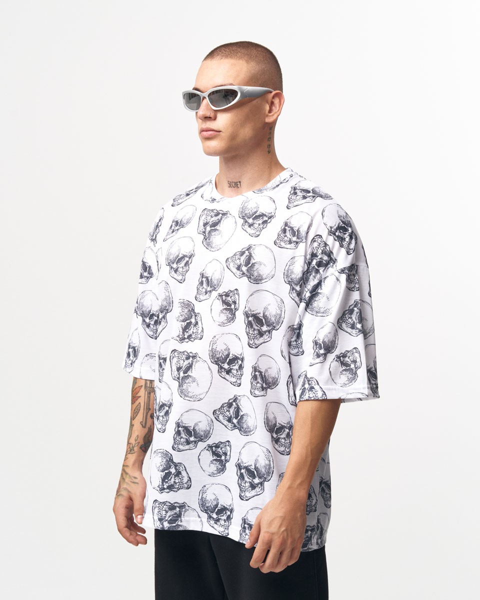 Men's Skull Pattern Oversize White T-shirt | Martin Valen