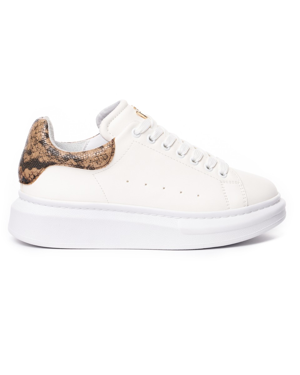 Women’s Chunky Sneakers with Crown in White and Snake Skin - White
