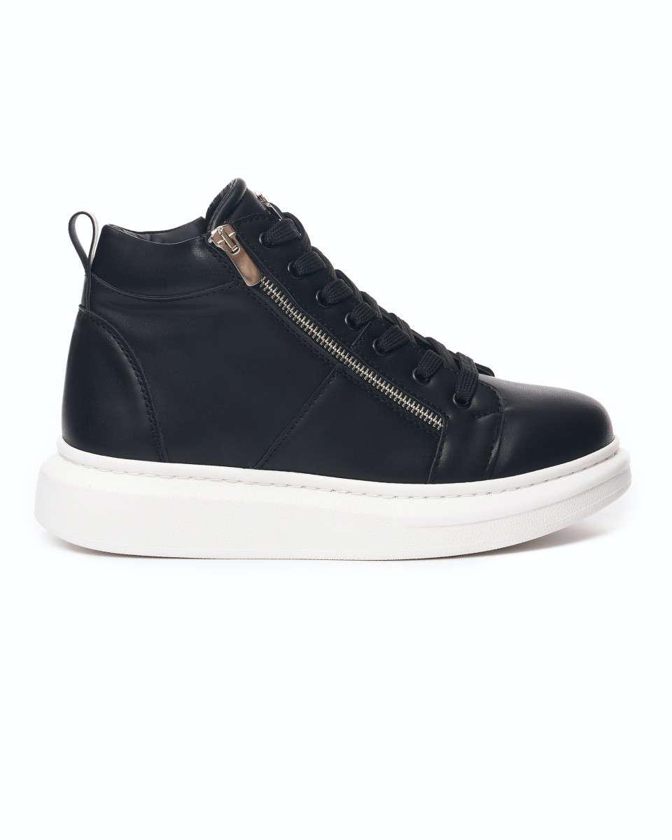 Men’s High Top Sneakers Designer Zipper Shoes Black-White - Black
