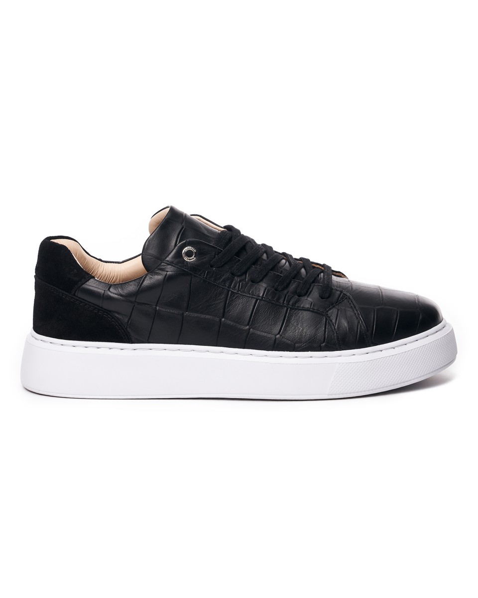 Urban Casual Leather Sneakers Black White - Black