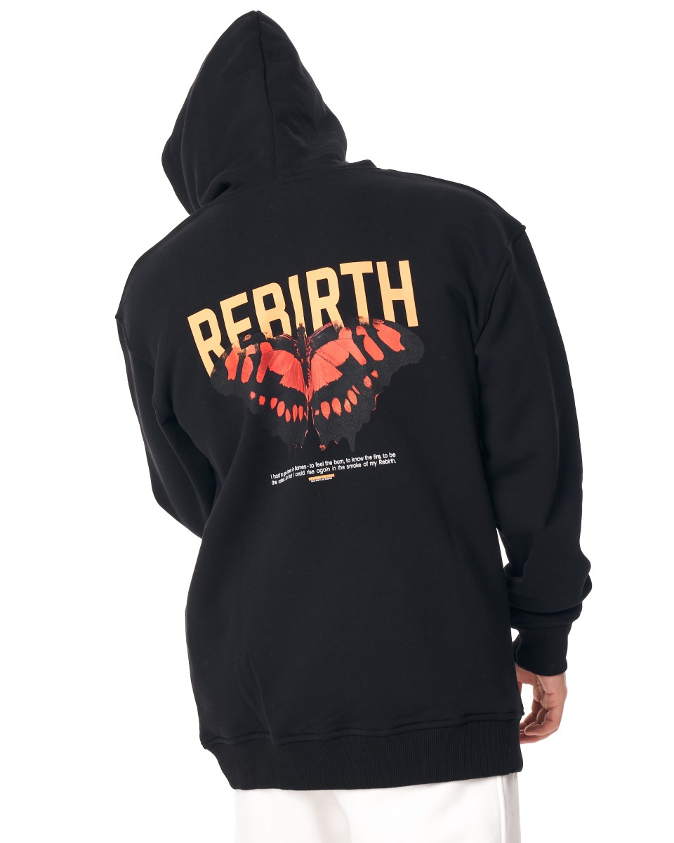 "Rebirth" Худи черного цвета с объемным капюшоном и 3D-печатью - Красный