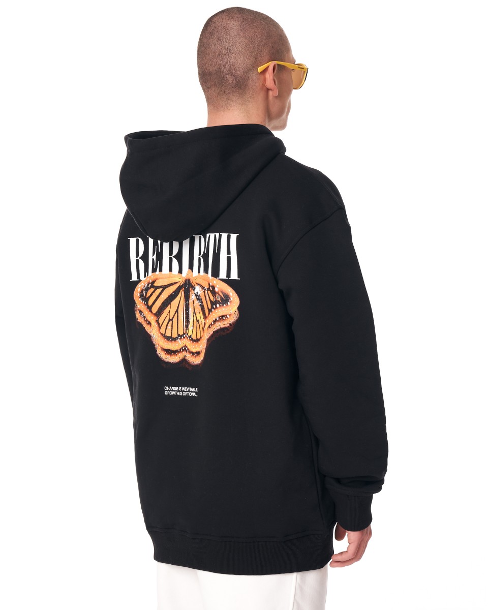 "Rebirth" Худи черного цвета с объемным капюшоном и 3D-печатью - Оранжевый