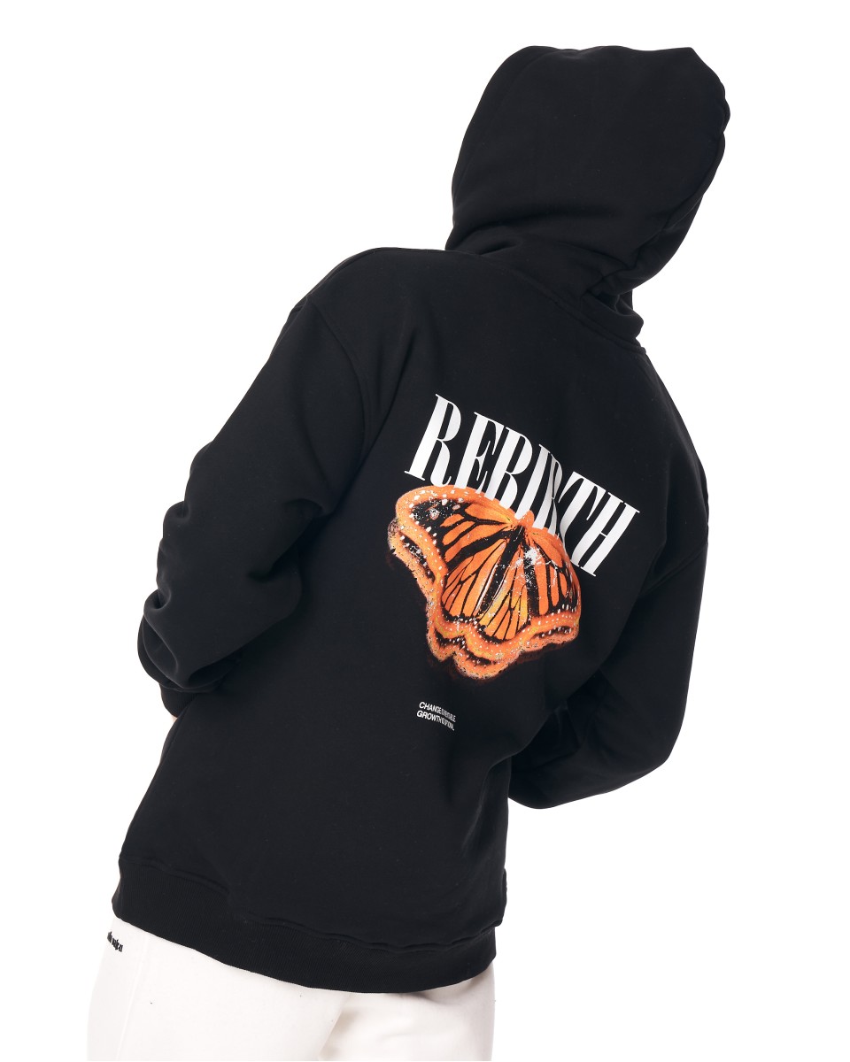 "Rebirth" Худи черного цвета с объемным капюшоном и 3D-печатью - Оранжевый