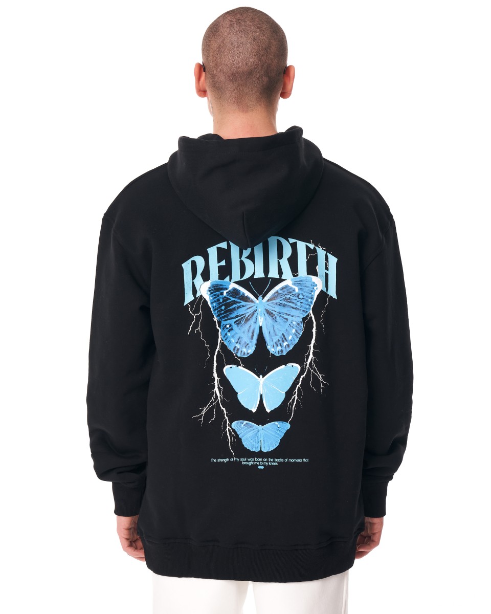 "Rebirth" 3D-print Zwarte Oversized Hoodie - Blauw