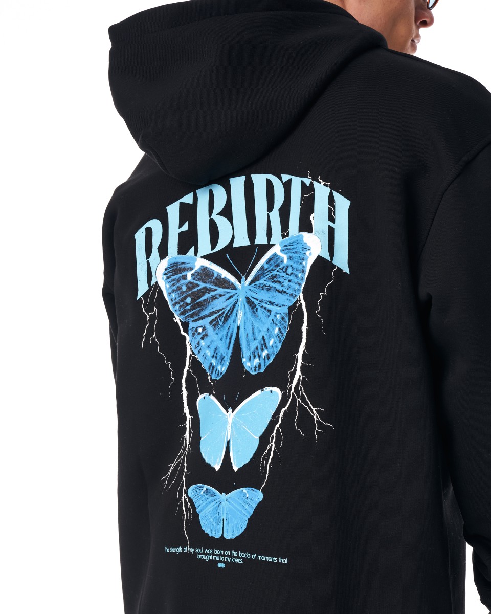 "Rebirth" Imprimé en 3D Hoodie Noir Oversize - Bleu