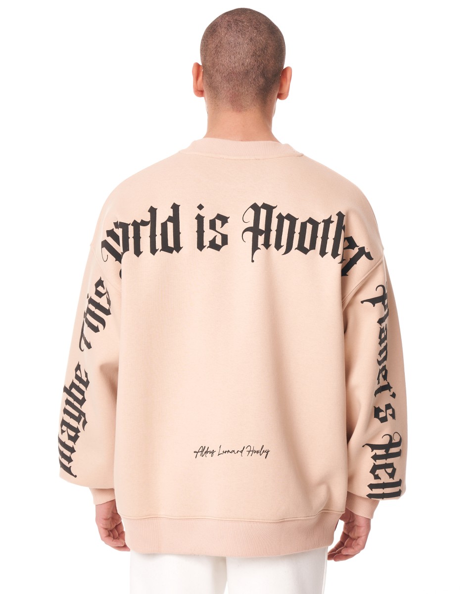 Camisola Oversized Masculina "Another World's Hell" em Bege - Bege