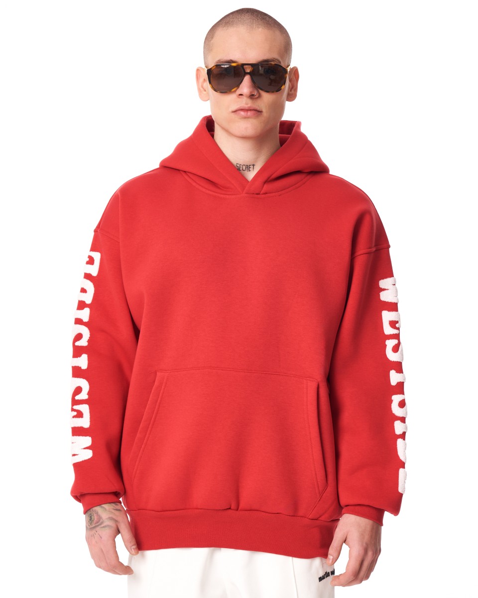 Men's Oversized Embroidery Pattern Red Hoodie - Red