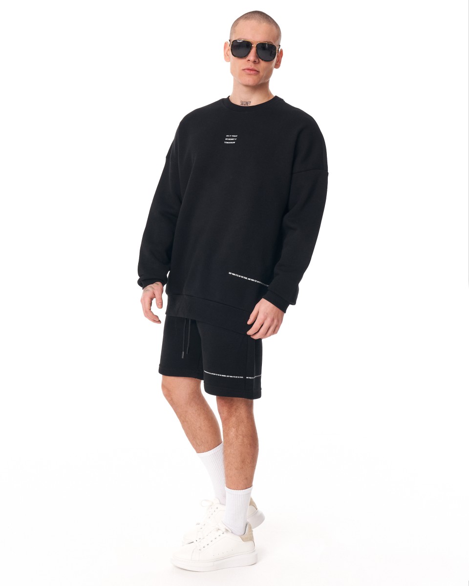 Men's Oversized Signature Detail Black Sweatshirt and Shorts Suit - Black