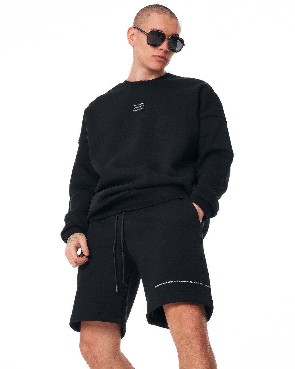 Men's Oversized Signature Detail Black Sweatshirt and Shorts Suit | Martin Valen