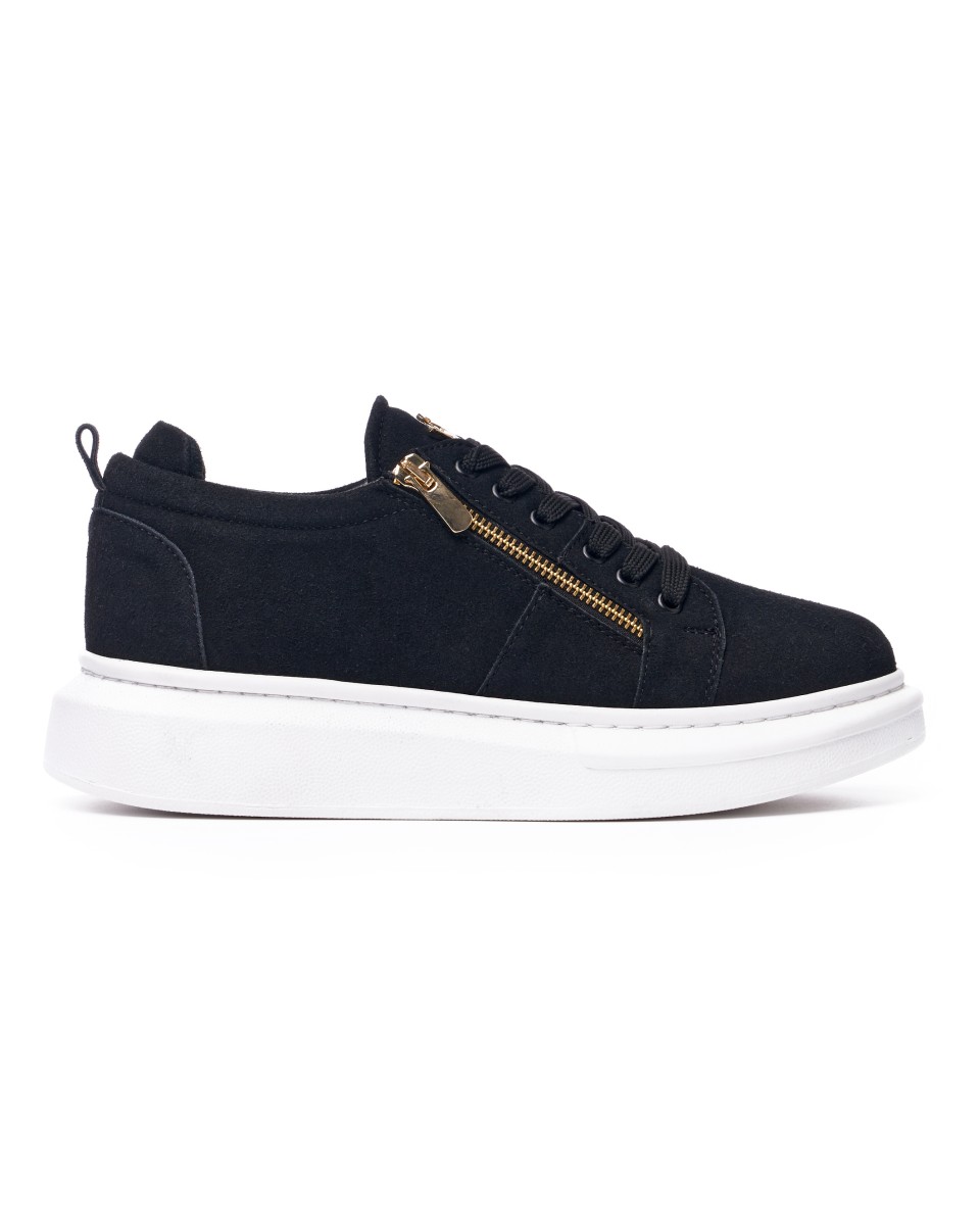 Chunky Suede Sneakers Gold Zipper Designer Shoes Black - Black