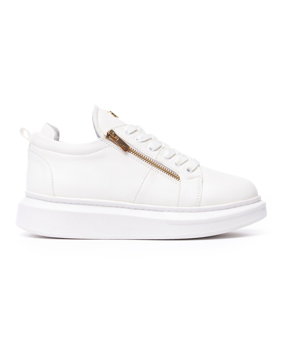 Chunky Sneakers Gold Zipper Designer Shoes White - White