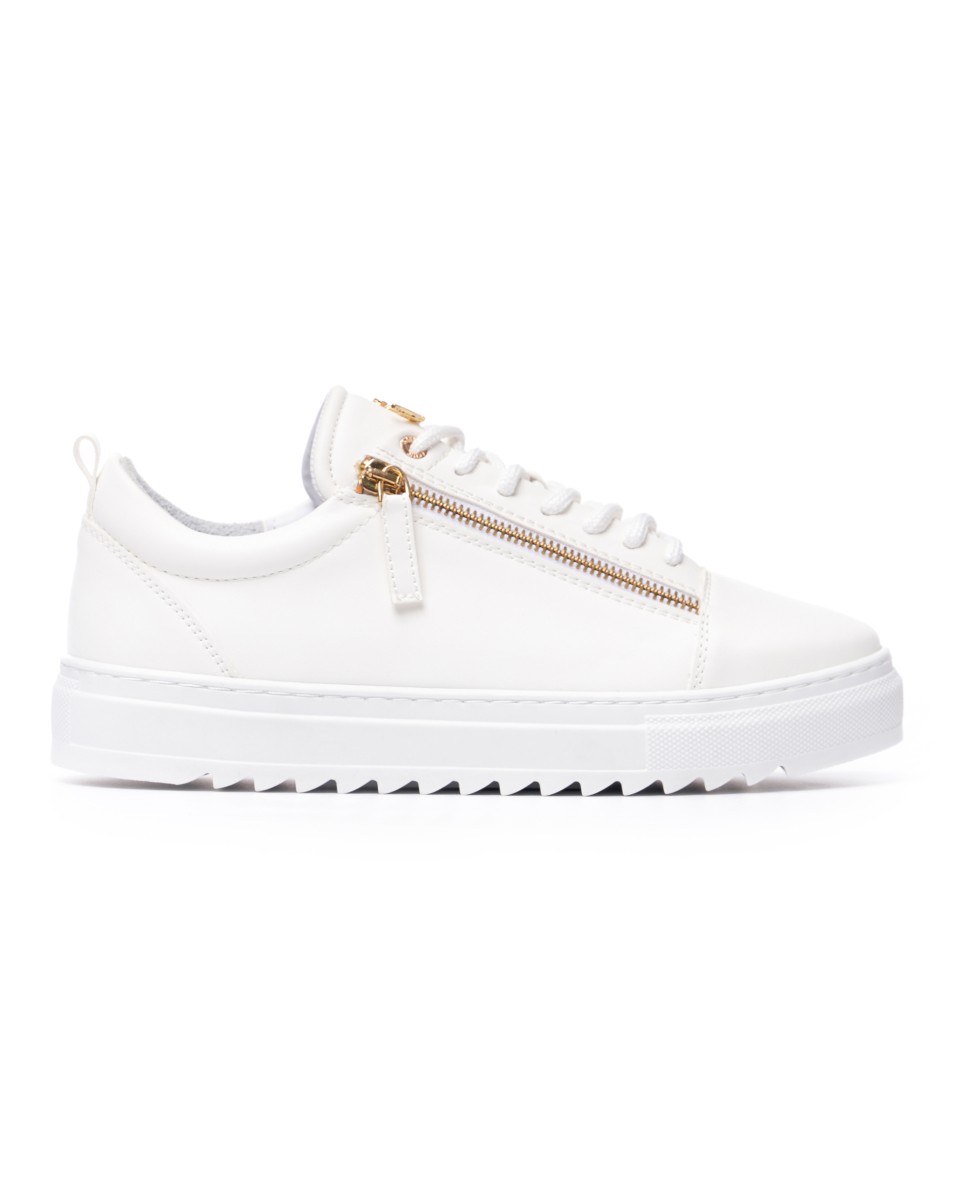 Men's Low Top Sneakers Gold Zipper Designer Shoes White - White