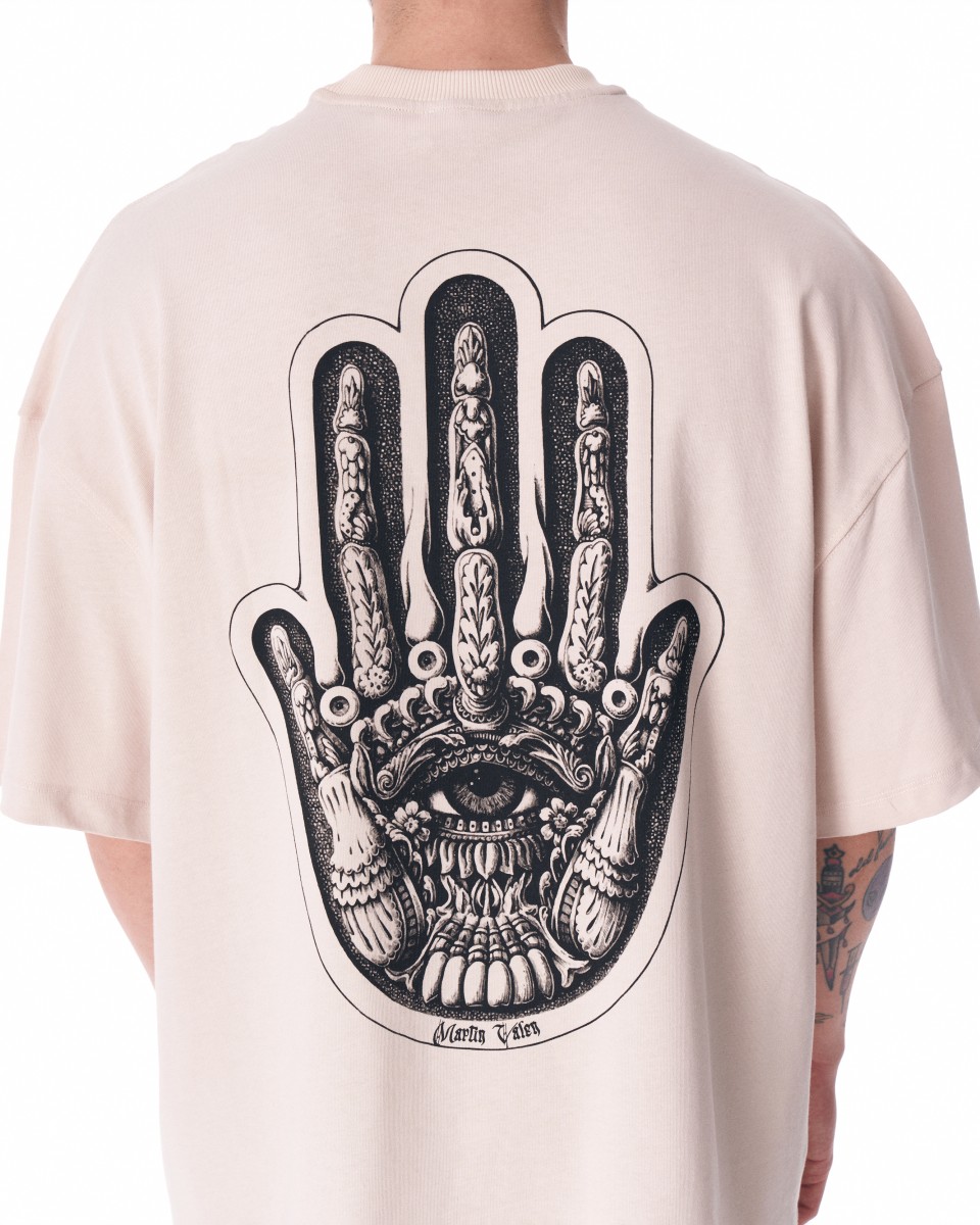 T-shirt Oversize Beige con Stampa 3D sul Petto e Stampa Trasferita sul Retro per Uomo