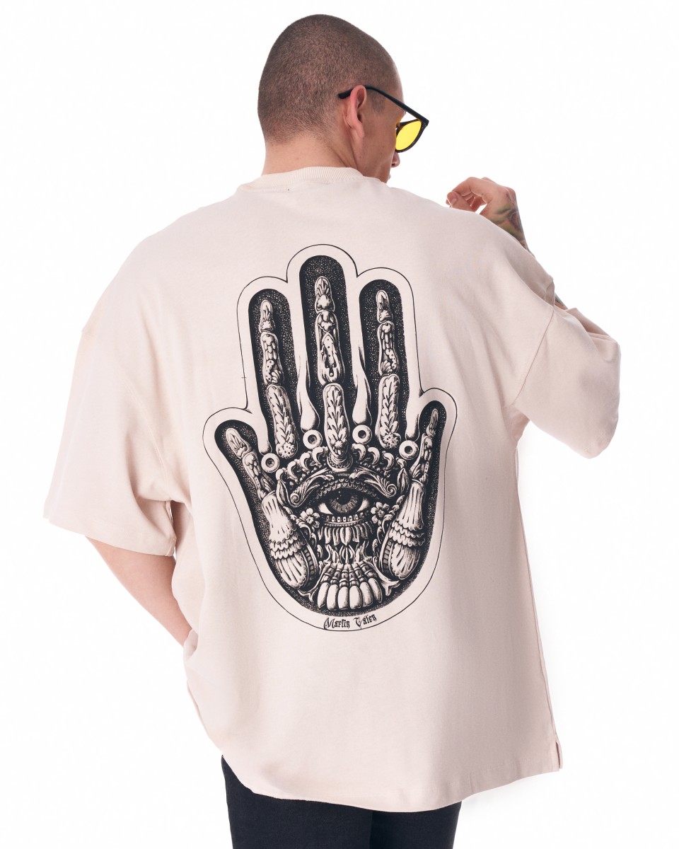 Men's Oversize Chest 3D Printed Back Transfer Printed Beige T-Shirt | Martin Valen