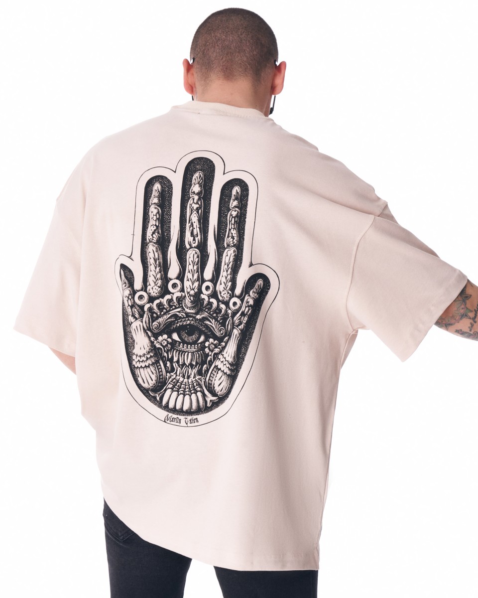 T-shirt Oversize Beige con Stampa 3D sul Petto e Stampa Trasferita sul Retro per Uomo