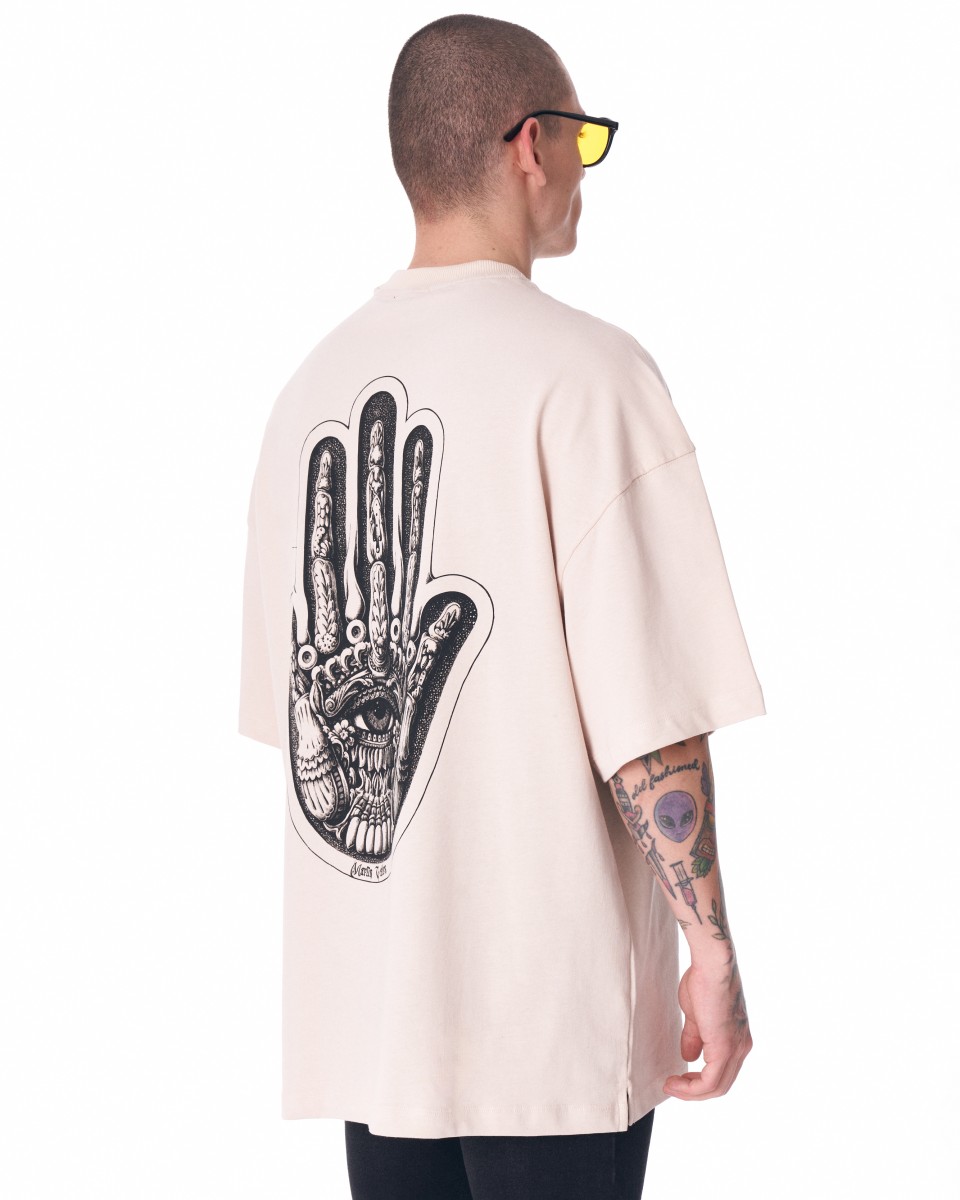 Men's Oversize Chest 3D Printed Back Transfer Printed Beige T-Shirt | Martin Valen