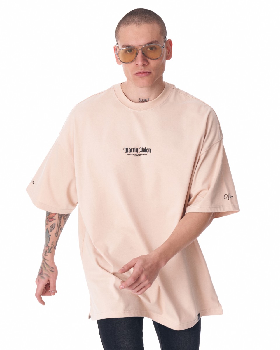 Men's Oversize Martin Valen Sleeve and Chest 3D Printed Beige Heavy T-Shirt | Martin Valen