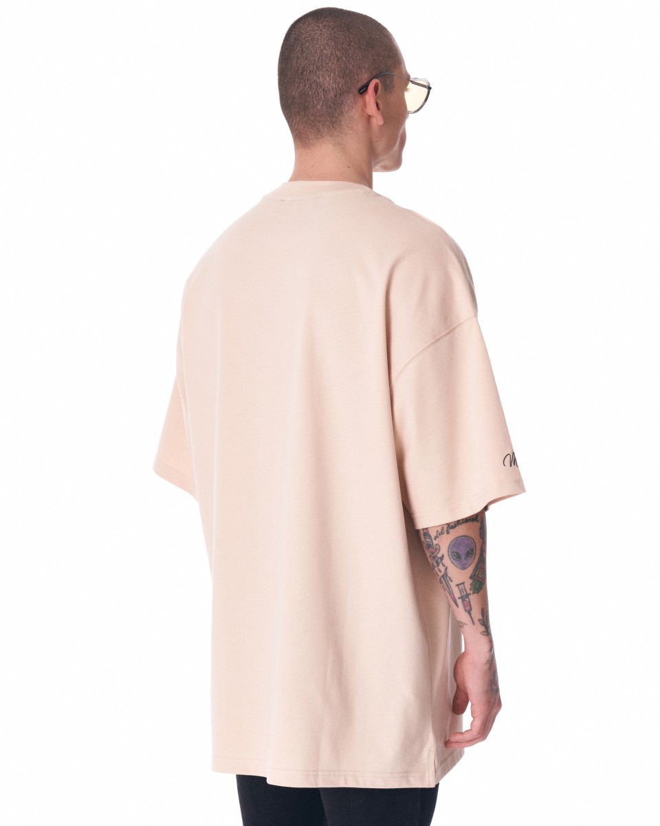 Men's Oversized Martin Valen Sleeve and Chest 3D Printed Beige Heavy T-Shirt | Martin Valen