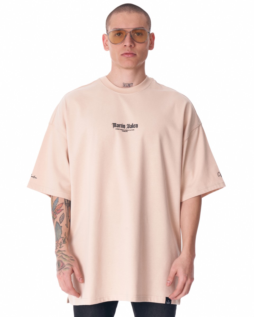 Men's Oversize Martin Valen Sleeve and Chest 3D Printed Beige Heavy T-Shirt | Martin Valen