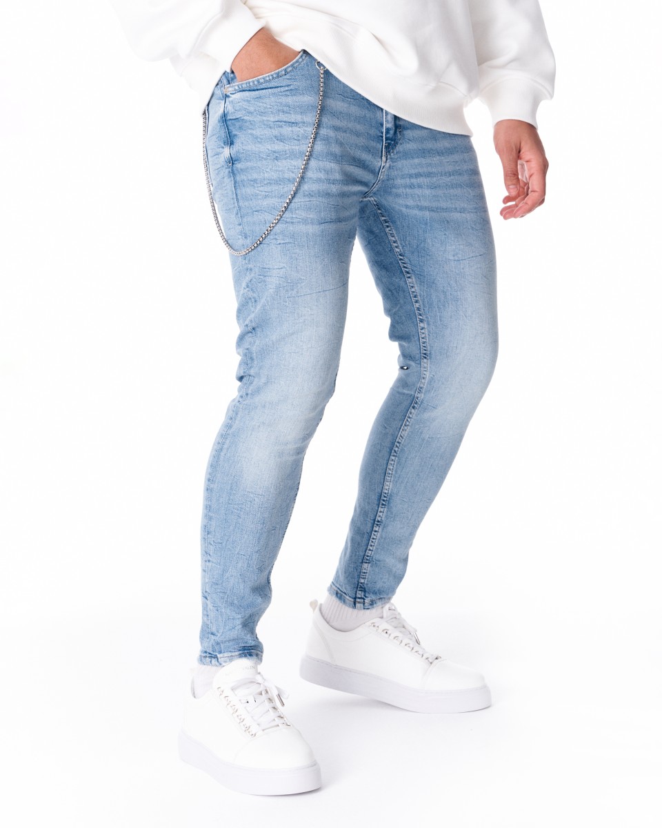 Men's Designer Jeans Stoned With Chain Ice Blue | Martin Valen