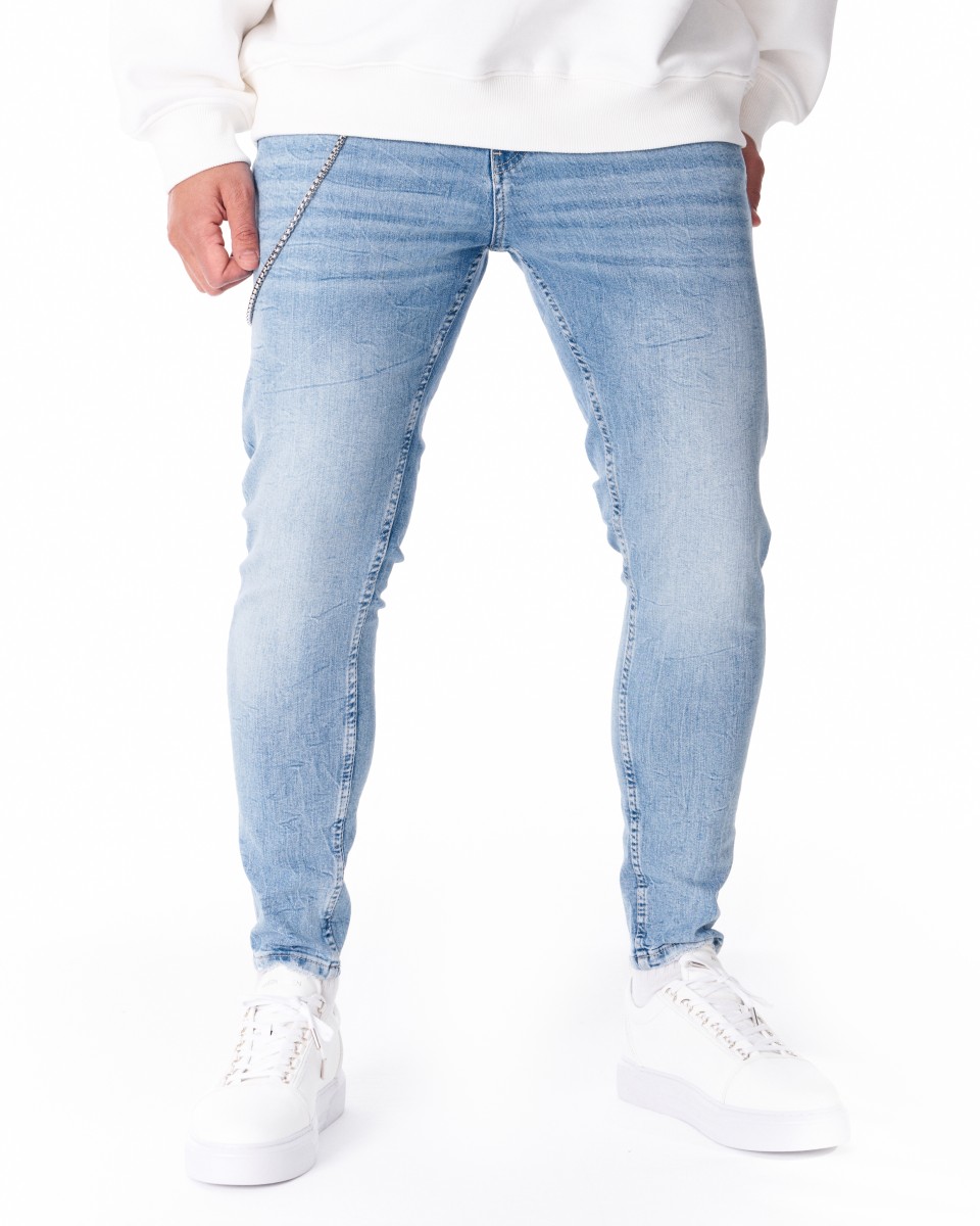 Men's Designer Jeans Stoned With Chain Ice Blue - Denim Blue