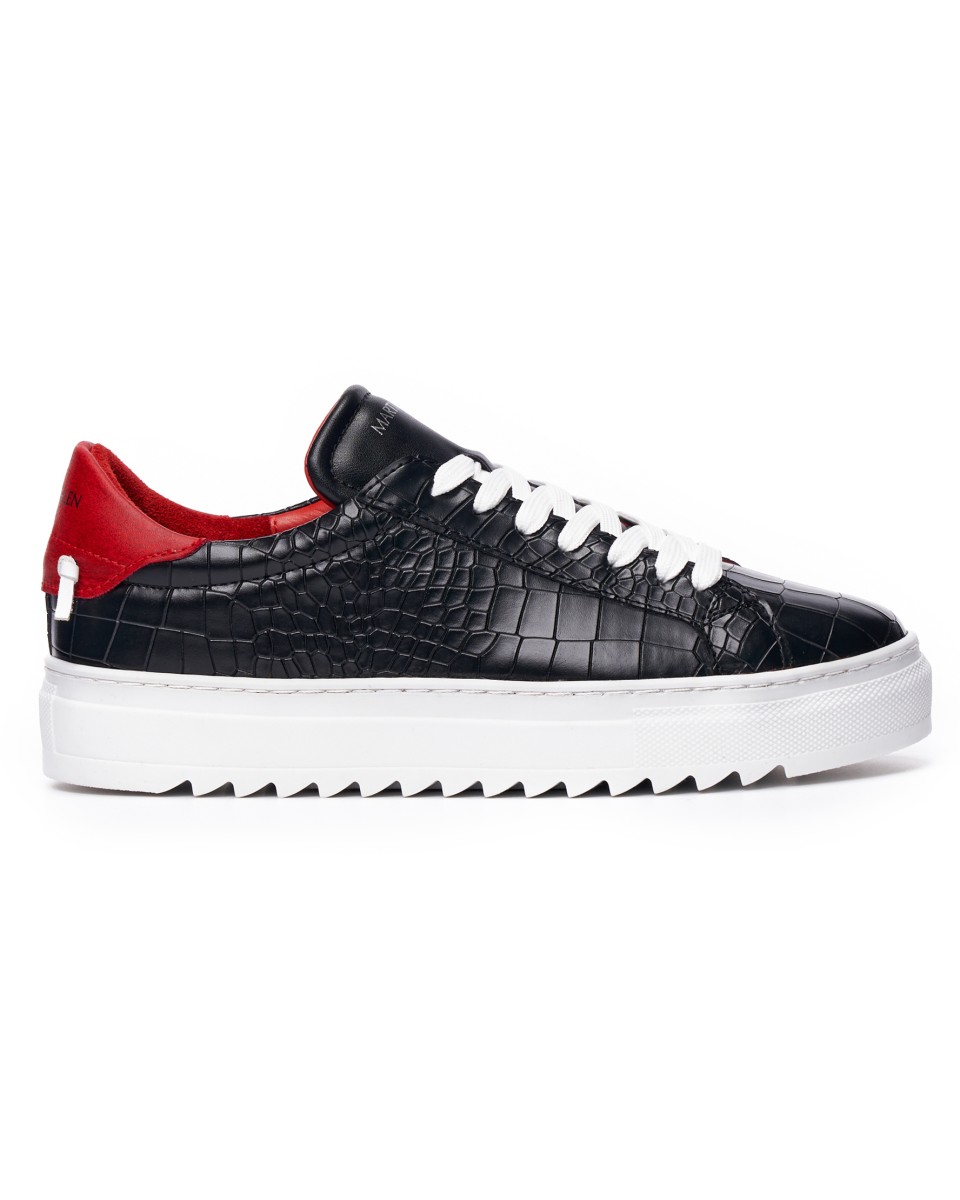 Men's Notch-Sole Croco Style Black Sneakers In Partial Red
