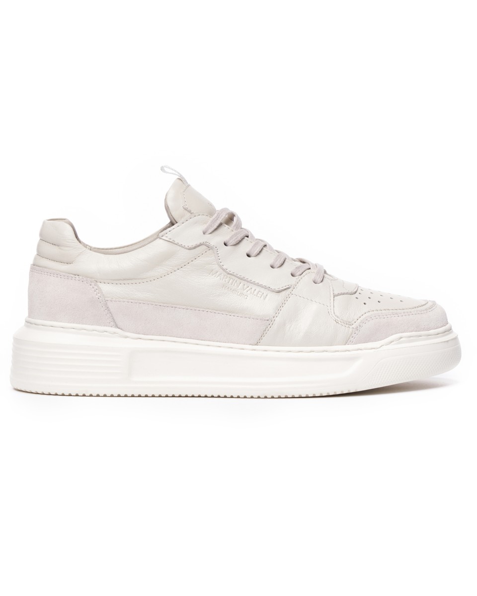 Off White Leather Chunky Sneaker With Suede Detail - Gray