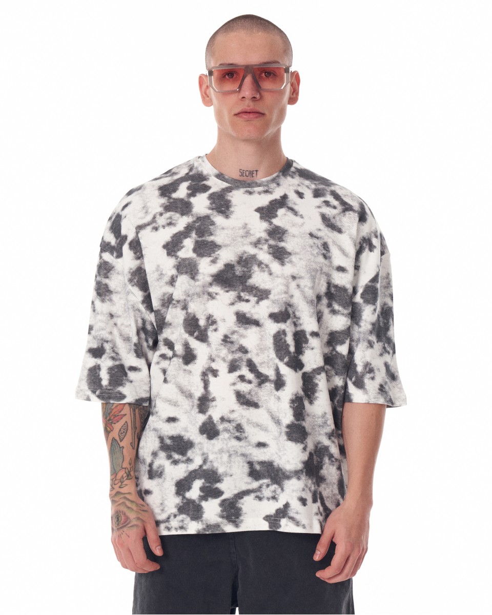 Herren-T-Shirt in Übergröße, Rundhalsausschnitt, Batikmuster, Grau und Weiß - Weiß
