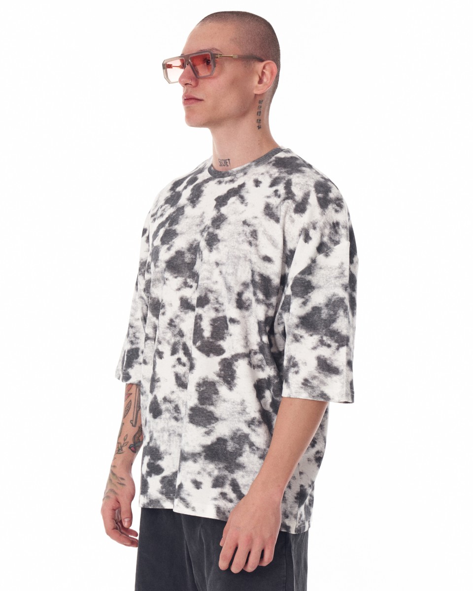 Camiseta masculina grande com gola redonda tie-dye cinza e branco | Martin Valen