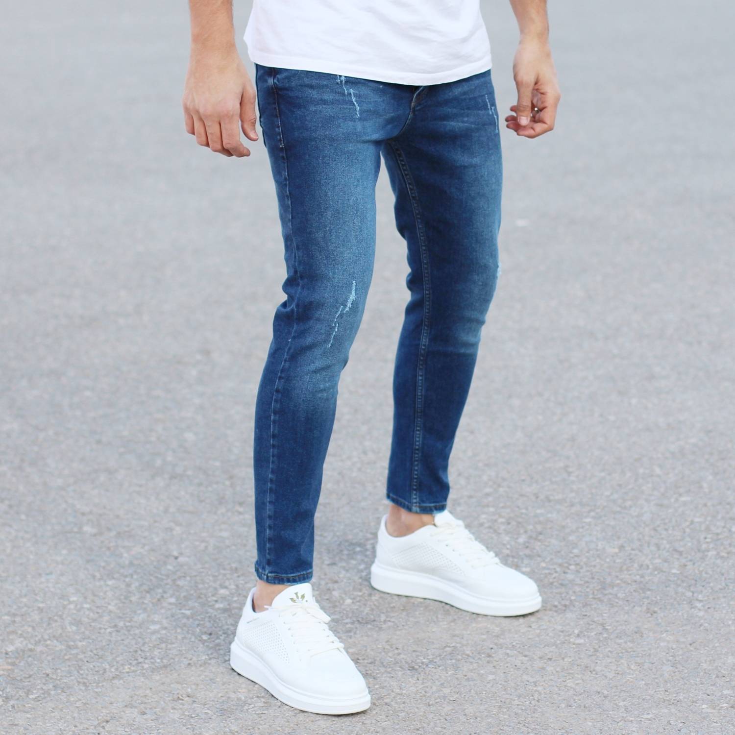 blue sneakers with blue jeans