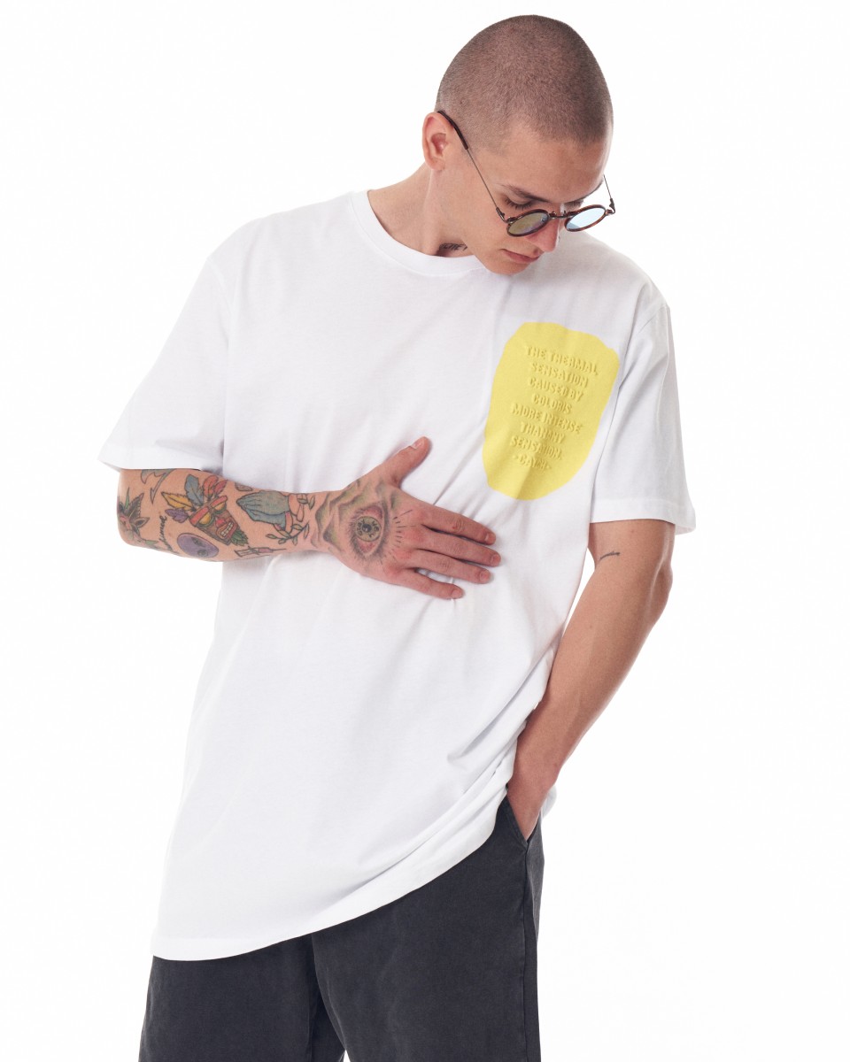 Мужская желтая футболка оверсайз с текстовым принтом | Martin Valen