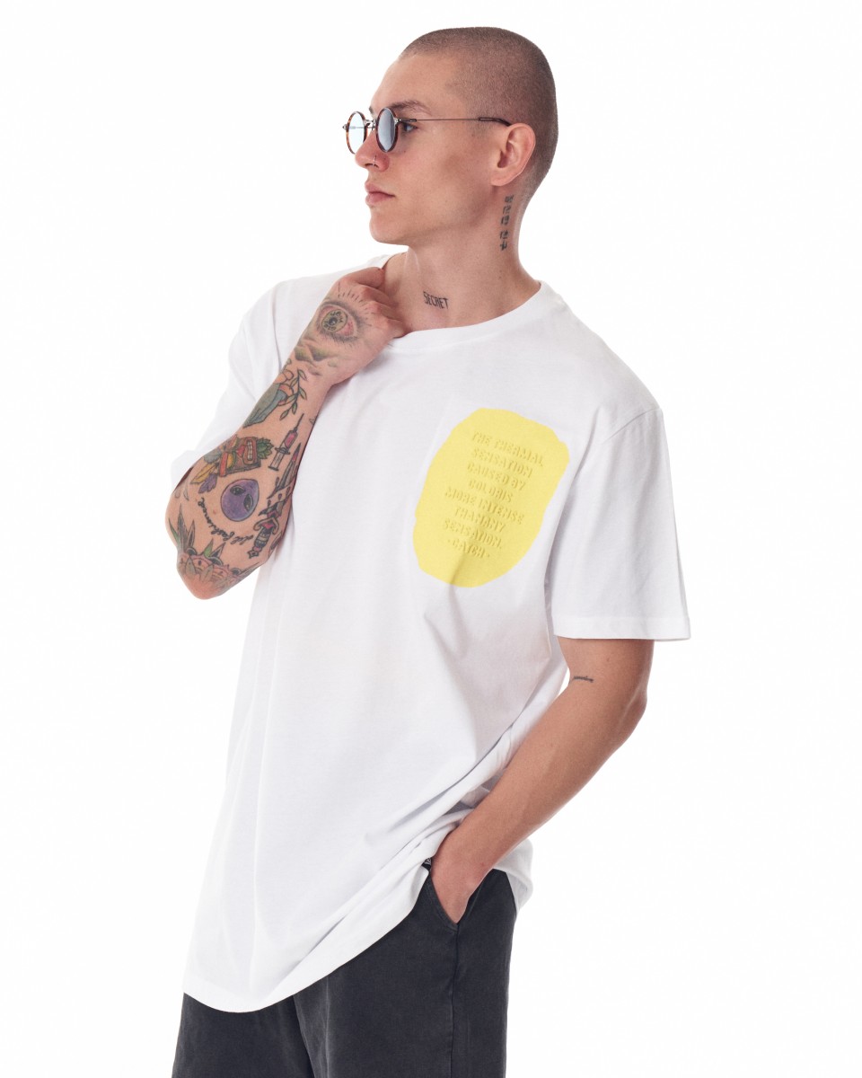 Мужская желтая футболка оверсайз с текстовым принтом | Martin Valen