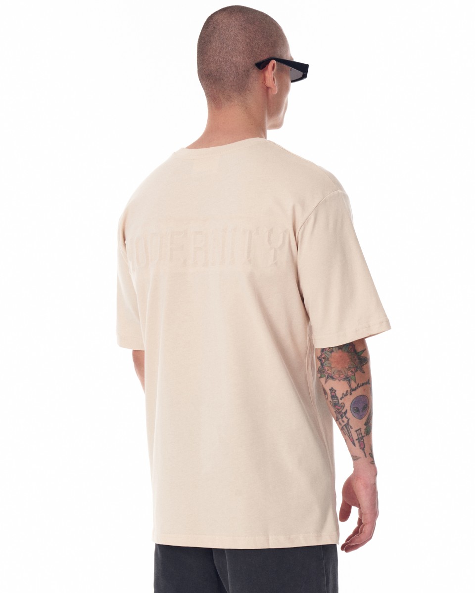Men's Embossed Back Printed Oversized Beige T-shirt | Martin Valen