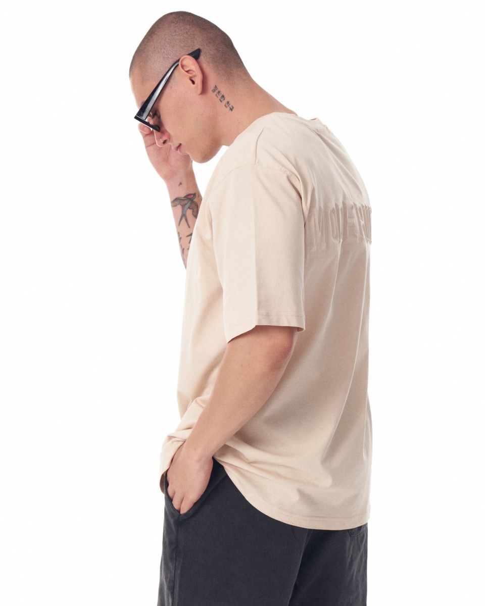 Men's Embossed Back Printed Oversized Beige T-shirt | Martin Valen