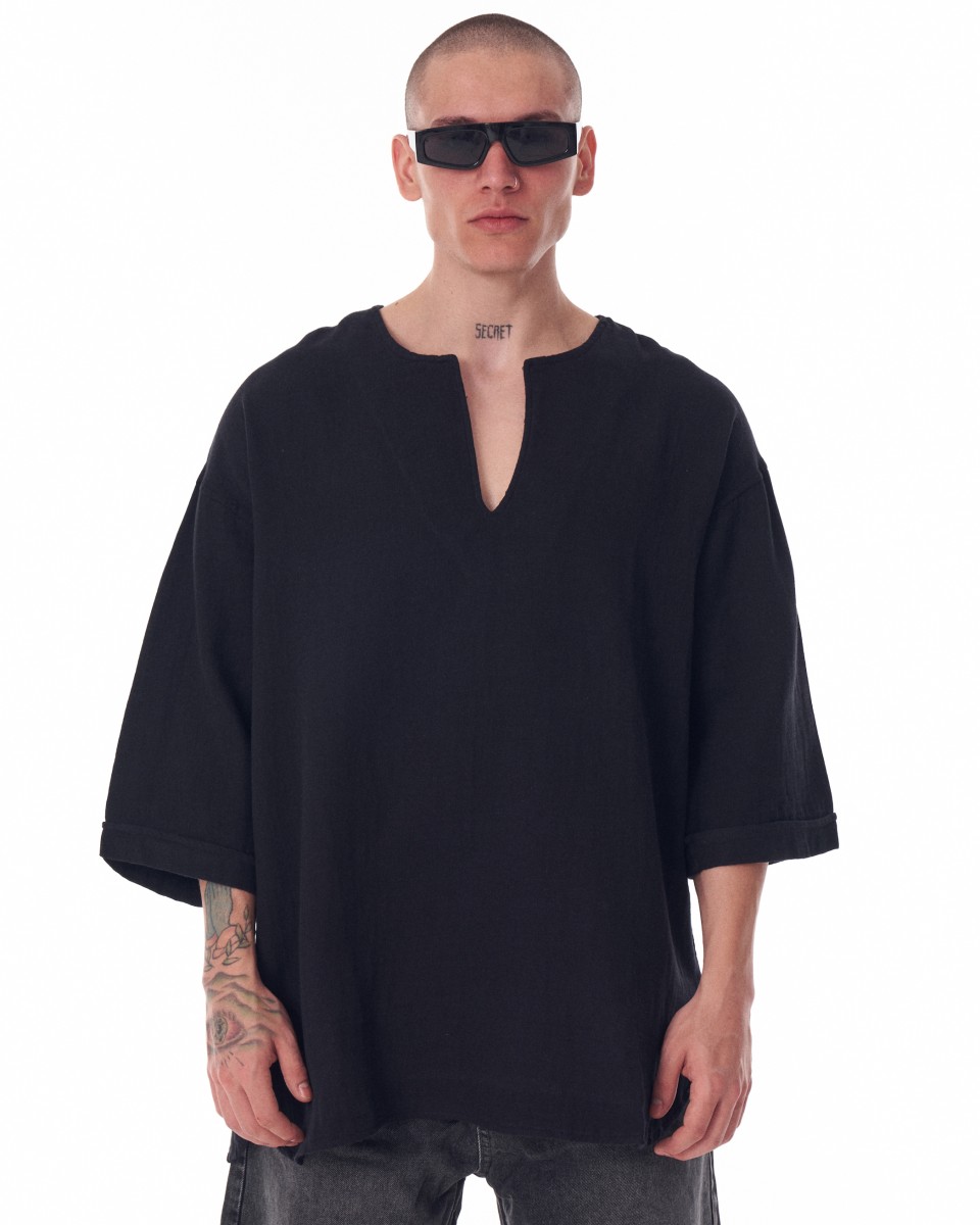 T-Shirt Oversize en Tissu de Lin Noir pour Hommes - Noir