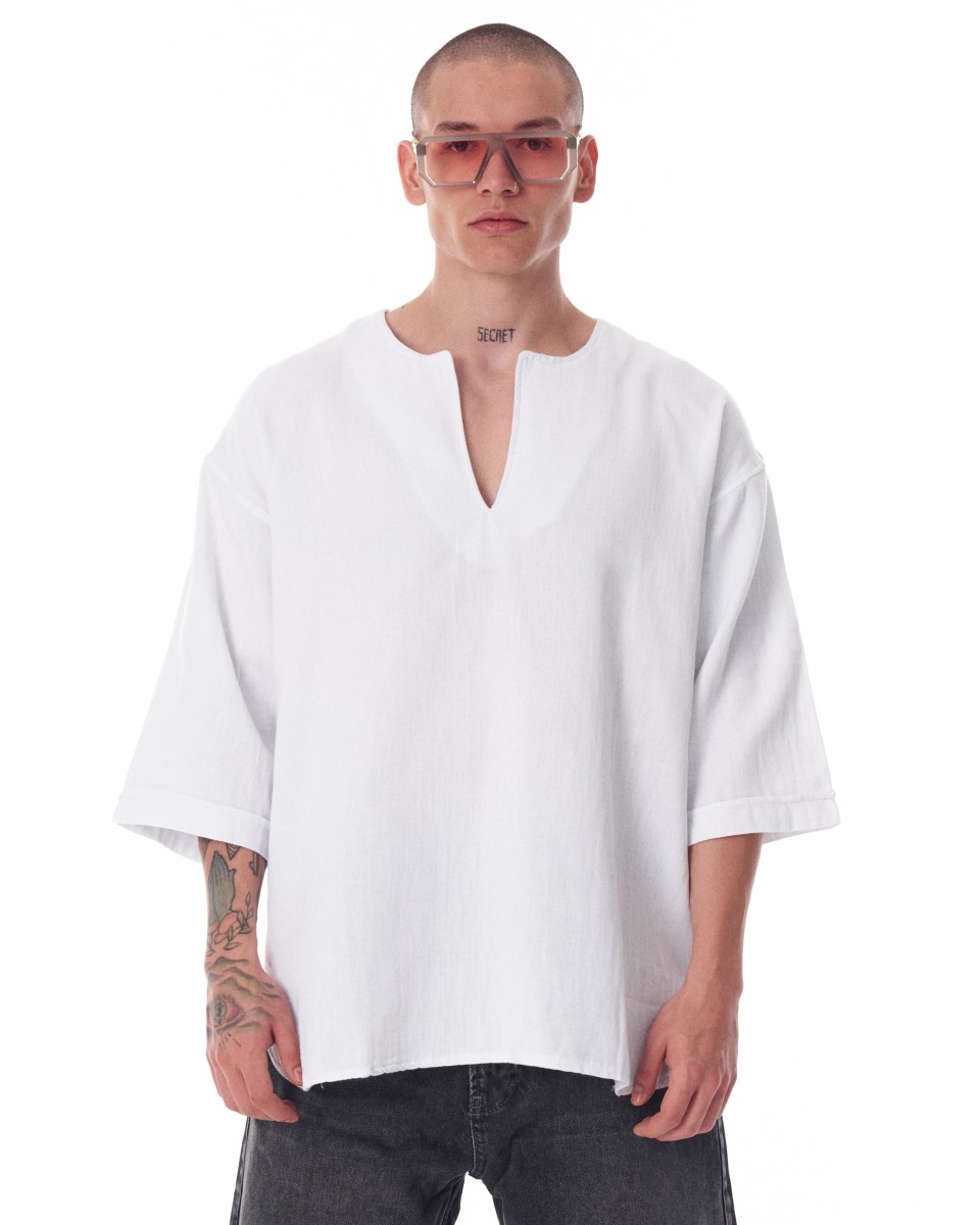 Herren Leinen Stoff Oversize Weißes T-Shirt - Weiß