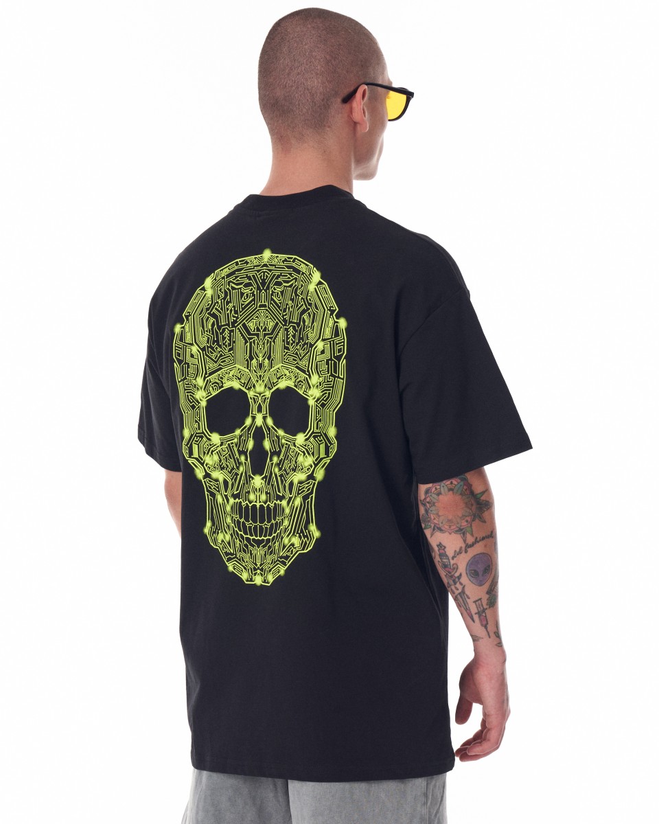 T-shirt nera oversize con stampa teschio da uomo - Nero
